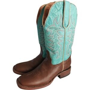Turquoise Brown Tanner Mark Cowboy Boots W8.5 Leather Square Toe TML 205107